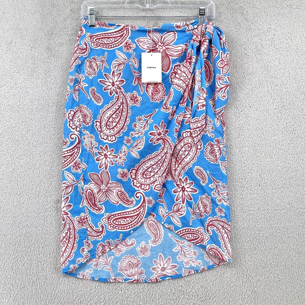 Xirena Sydni Sarong Skirt Women M Blue Red Capri Wrap Paisley Floral Beach Swim